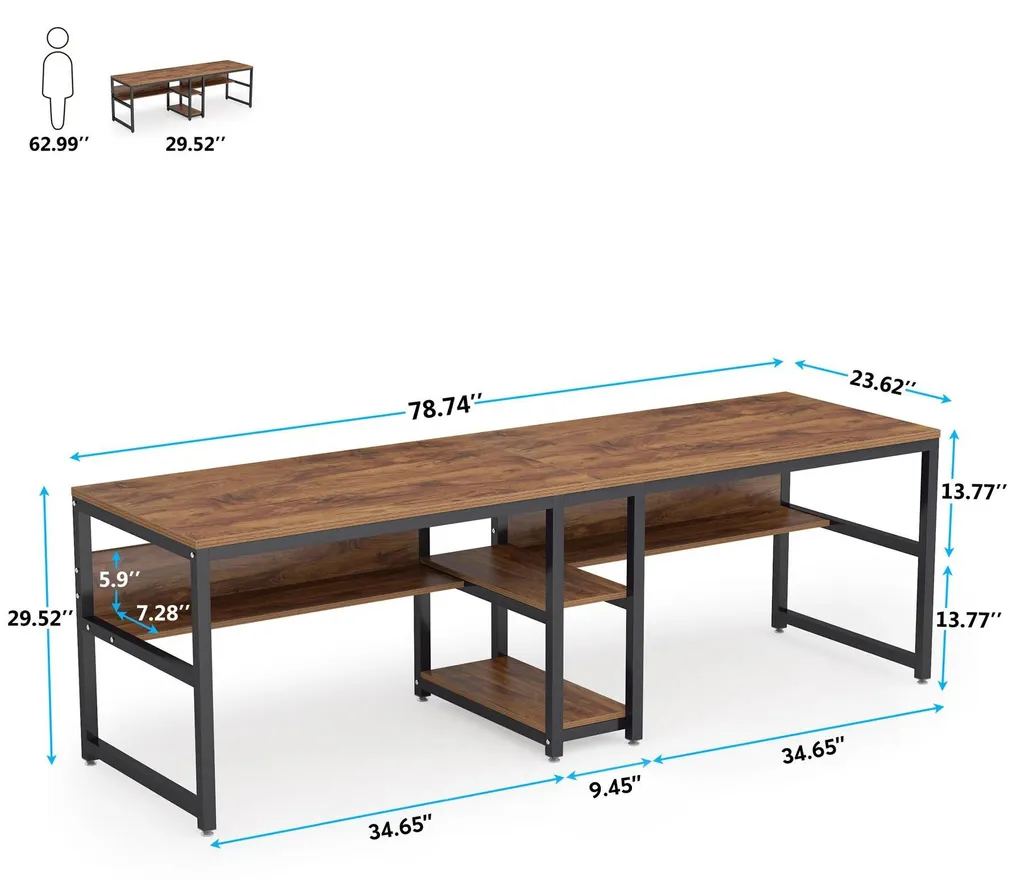 Bureau double 200 cm : gagnez de la place avec rangement acajou brun - 9