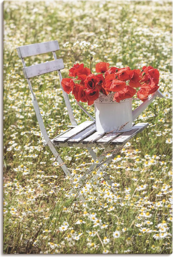 ARTland Leinwandbild Stuhl im Kamille Feld mit Mohnblüten Größe: 60x90 cm
