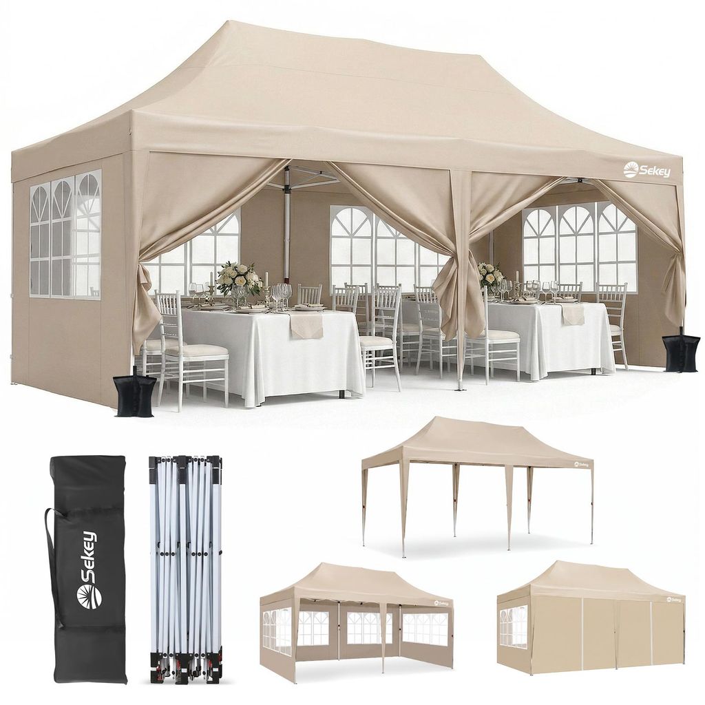 Sekey Faltpavillon 3x6 Wasserdicht mit 6 Seitenwänden, UV50+ Gartenpavillon Partyzelt, Taupe