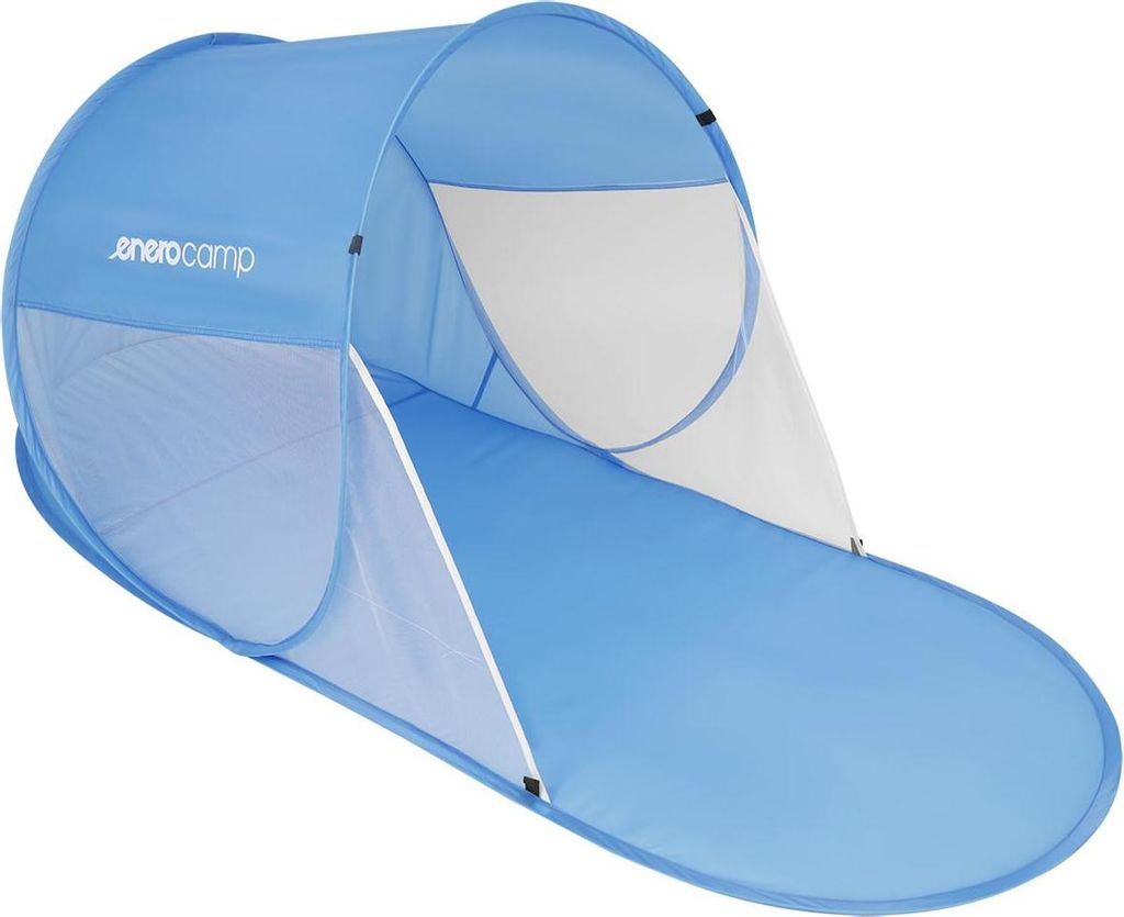 Pop-up Strandmuschel ENERO CAMP 190x80x90/70 cm – Blau – Selbstaufbauender Sonnen- & Windschutz für Strand & Camping