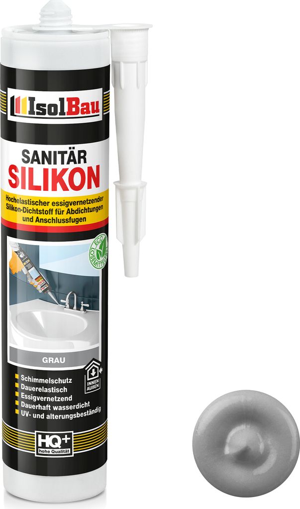 Isolbau Sanitär Silikon 1 x 300 ml Grau - Hochelastischer Silikon-Dichtstoff für Abdichtungen & Fugen – Schimmelresistent, wasserdicht - Kartusche