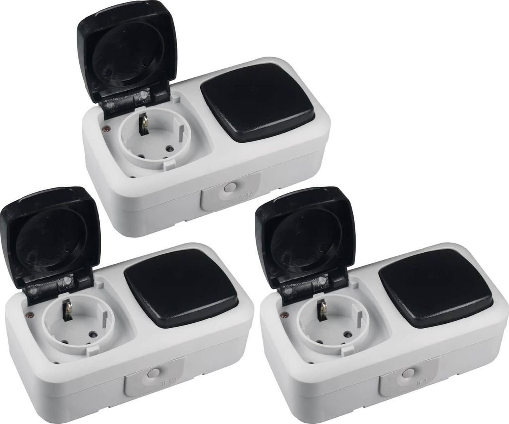 3x Feuchtraum IP44 250V 10A 16A Kombi Schalter Steckdose Aufputz