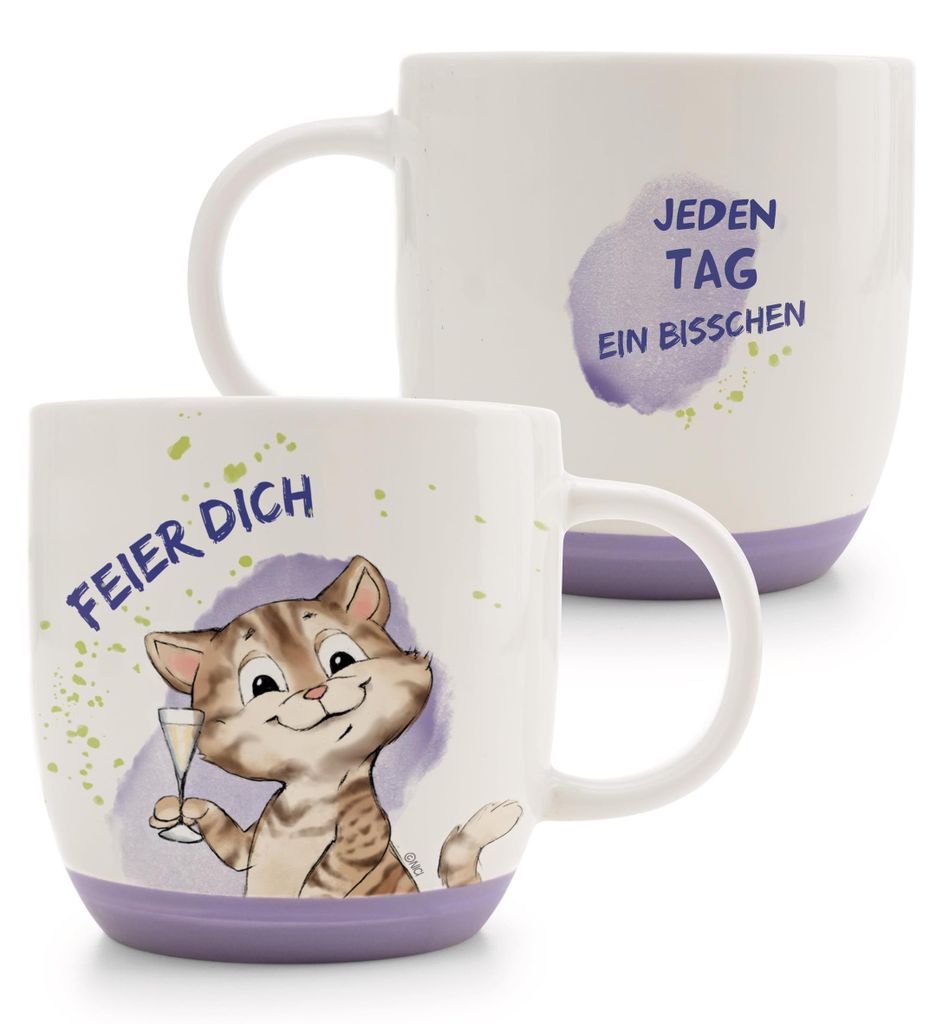 Tasse Katze Feier Dich 400ml 9,5x9,5cm - lila - Hochwertige Porzellan-Tasse, liebevoll gestaltet, niedliches Accessoire für Küche, Büro & Zuhaus...