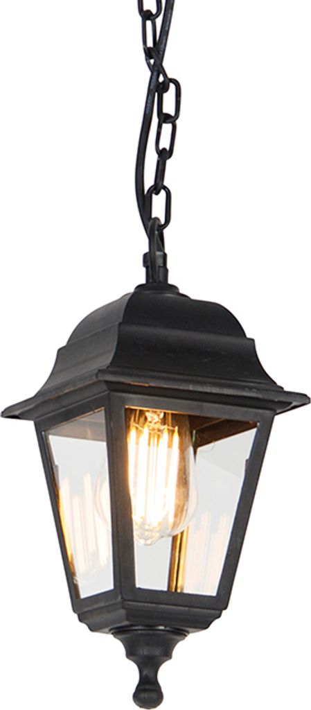 A black outdoor lantern with a glass enclosure and an exposed filament bulb, suspended by a chain.