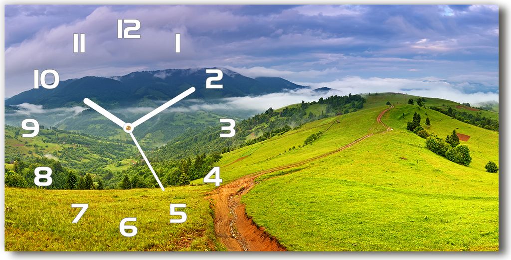 Wanduhr aus Glas – 60x30 cm - Glasbild - Glasuhr - Gehärtetes Glas - weisse-zeiger - Grüne Hügel