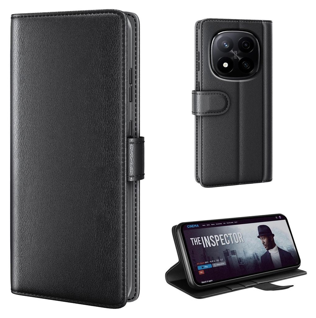 A collage of images showing a black leather flip phone case, a phone inside the case, and a phone propped up in the case.