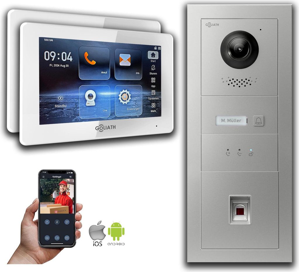 Goliath IP Video Türsprechanlage mit Kamera 7-Zoll Fingerprint Anzeige Silber : 7 Zoll in Weiß : Unterputzdose : 2 Monitore Anzahl: 2 Monitore Fa...