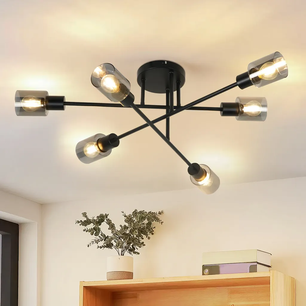 Plafoniera Industriale ZMH 6 Luci Nero Vetro - Illuminazione Vintage E14