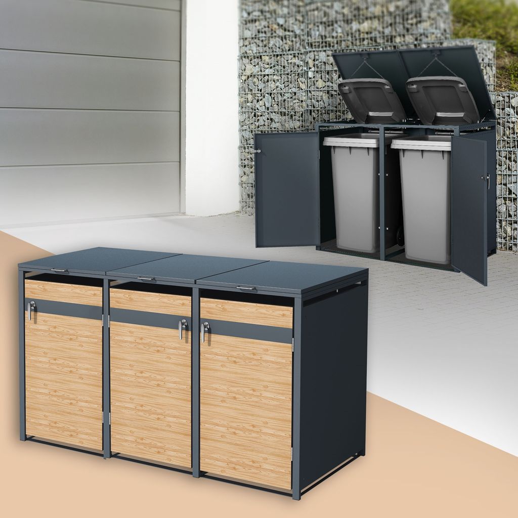 ML-Design Mülltonnenbox 3er für 3 Tonnen 240L 200x80x116,3 cm Anthrazit-Lärchenoptik, Stahl, wetterfest/abschließbar