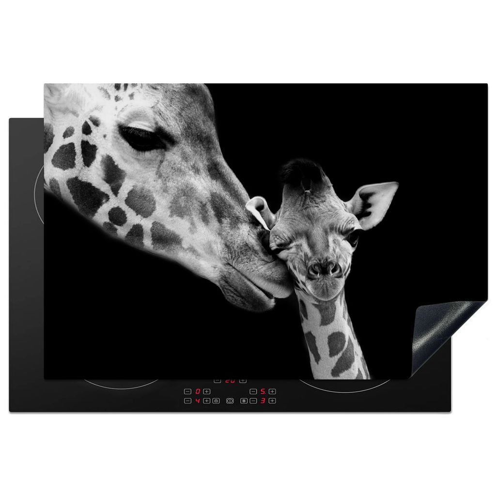 KitchenYeah Herdabdeckplatte Tiere - Schwarz - Weiß - Giraffe - Porträt , 76x51cm, Küche Deko, Glaskeramikkochfeld Herdabdeckung, Abdeckplatte...