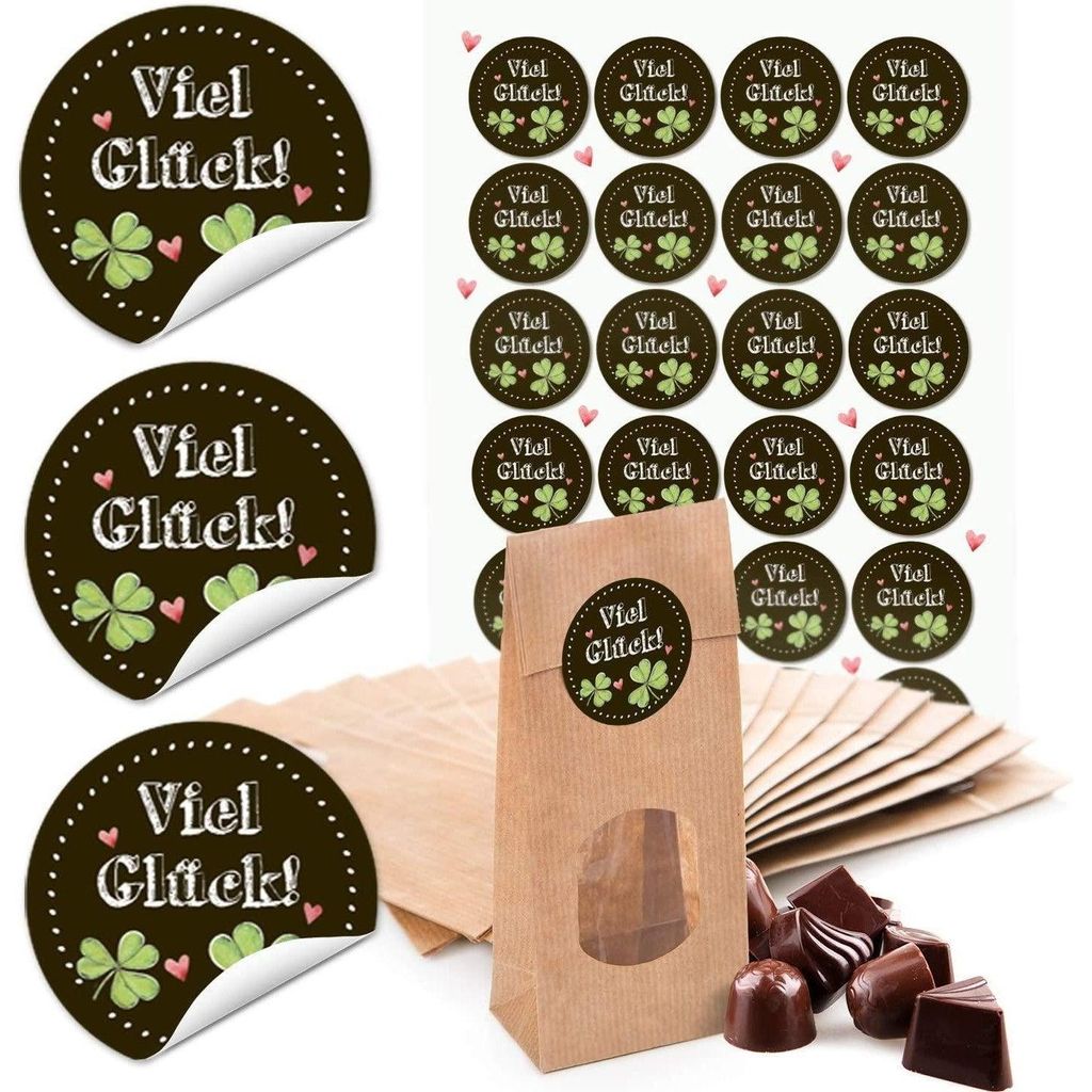 Logbuch-Verlag 24 Blockbodenbeutel m. FENSTER braun 7 x 4 x 20,5 cm + 24 Aufkleber VIEL GLÜCK Sticker Kleeblatt Herzen f. Give-Away Geschenk Prüf...