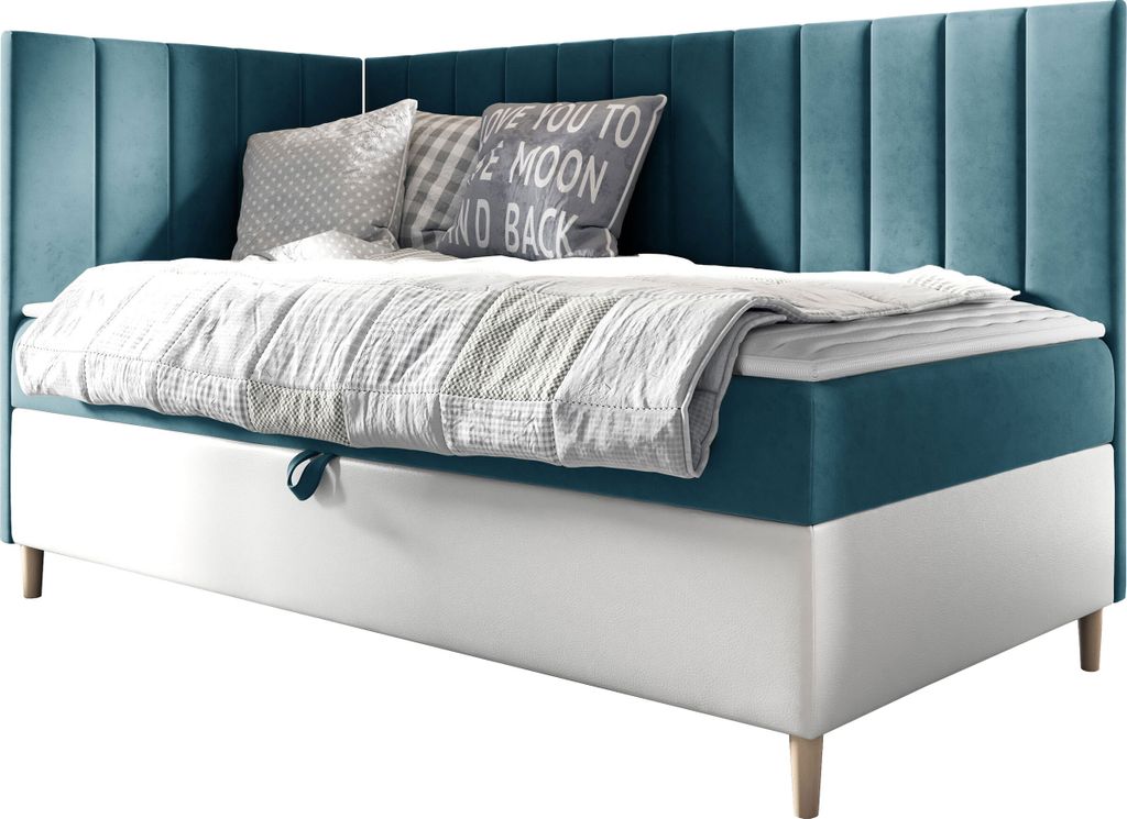 MIRJAN24 Boxspringbett Maja Junior 3 100x200, Einzelbett mit Bonellfederkern, Härtegrad - H3 (Farbe: Soft 017 + Fresh 34, Seite zum Öffnen des Be...