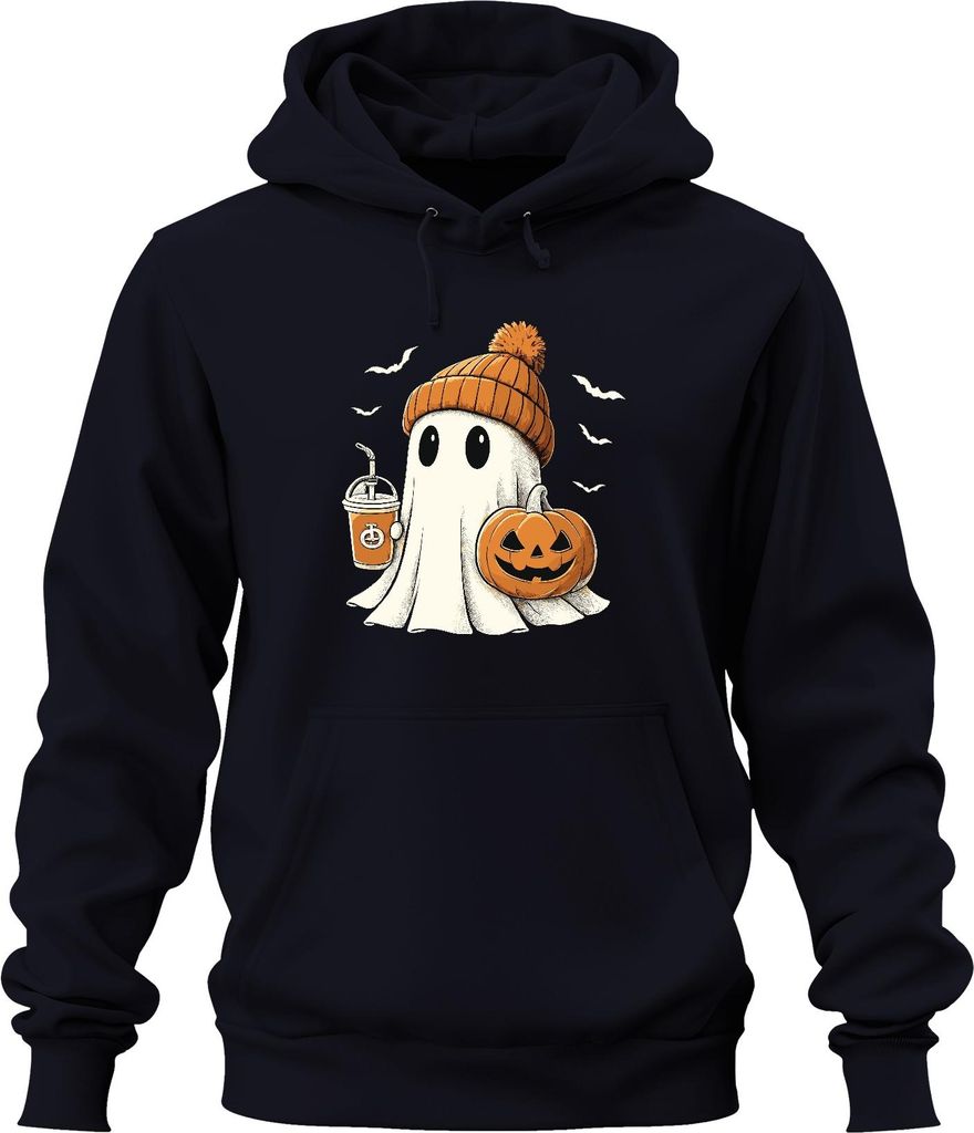 Geist Kürbis Halloween niedlich Beanie Kaffee Herbst süß gruselig Uni Hoodie Kapuzenpullover, Navy, 3XL