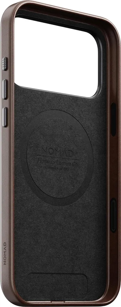 Coque iPhone 17 Pro Max MagSafe avec Bouton Saphir et Cuir Marron