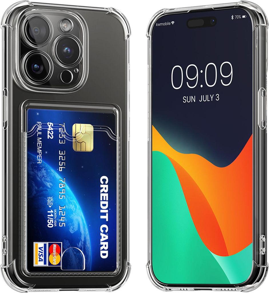 kwmobile Hülle mit Kartenfach kompatibel mit Apple iPhone 15 Pro - Handyhülle iPhone 15 Pro mit Kartenfach - Soft Case - Schutzhülle in Transparent