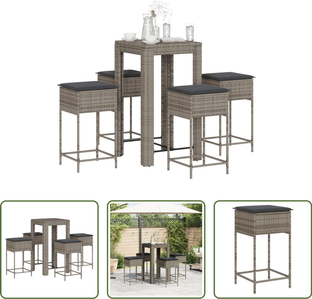 The Living Store 5-tlg. Gartenbar-Set mit Kissen Grau Poly Rattan
