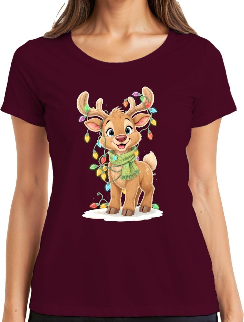 Weihnachtsrentier Niedlich Kinder Weihnachten Lichterkette Cartoon Damen T-Shirt, Burgundy, S
