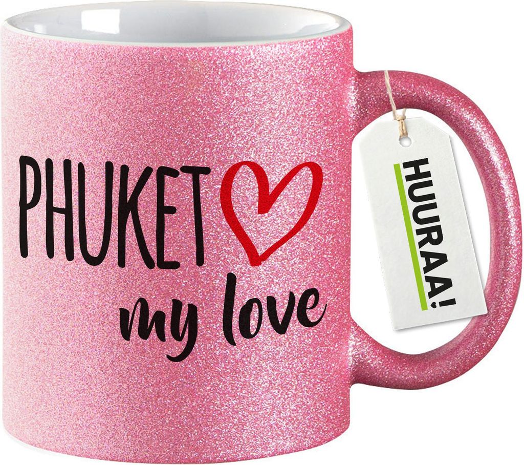 Huuraa Glitzertasse Phuket my love 330ml Pink Keramik Kaffeebecher Geschenkidee