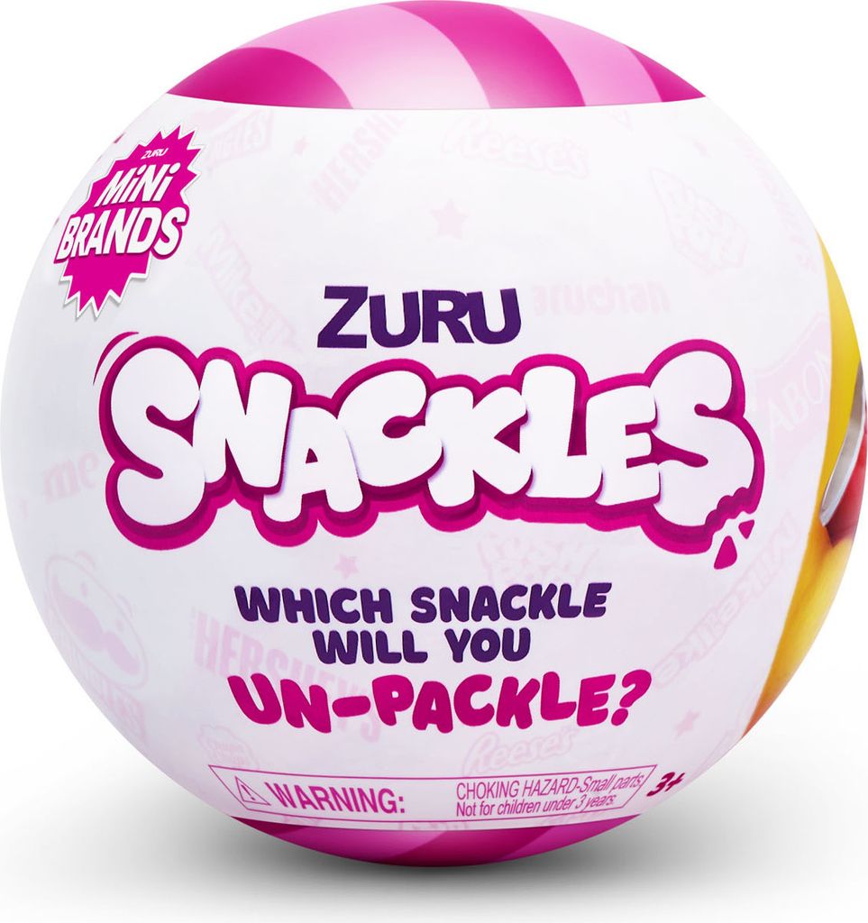 A round, white surprise ball with pink stripes on top, featuring the ZURU Snackles logo and text.