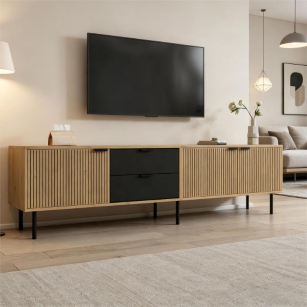 TV-Schrank,TV-Ständer mit Schränken und Kabelmanagement für Wohnzimmer, mit 3 Schubladen für 85-Zoll-Fernseher 208 × 40 × 48 cm