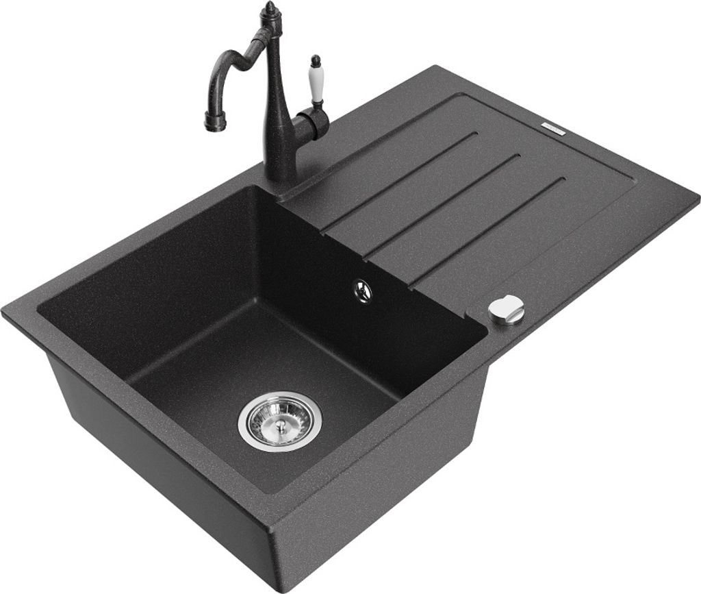 Mexen Bruno 1 Becken-Granitspüle mit Abtropffläche und Mischbatterie Carla, Schwarz gesprenkelt - 6513-76-670700-76