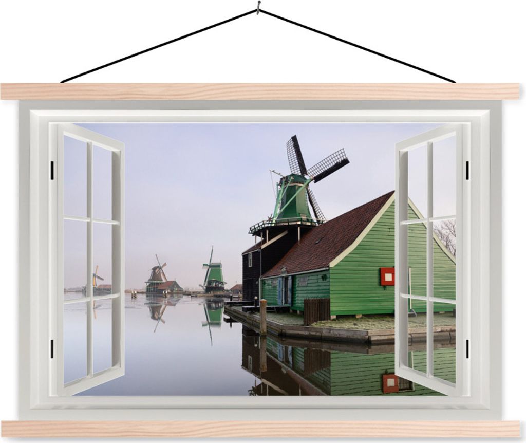 MuchoWow Textilposter Aussicht - Haus - Mühle 120x80 cm mit holzfarbenen Rahmen - Aufhängeset