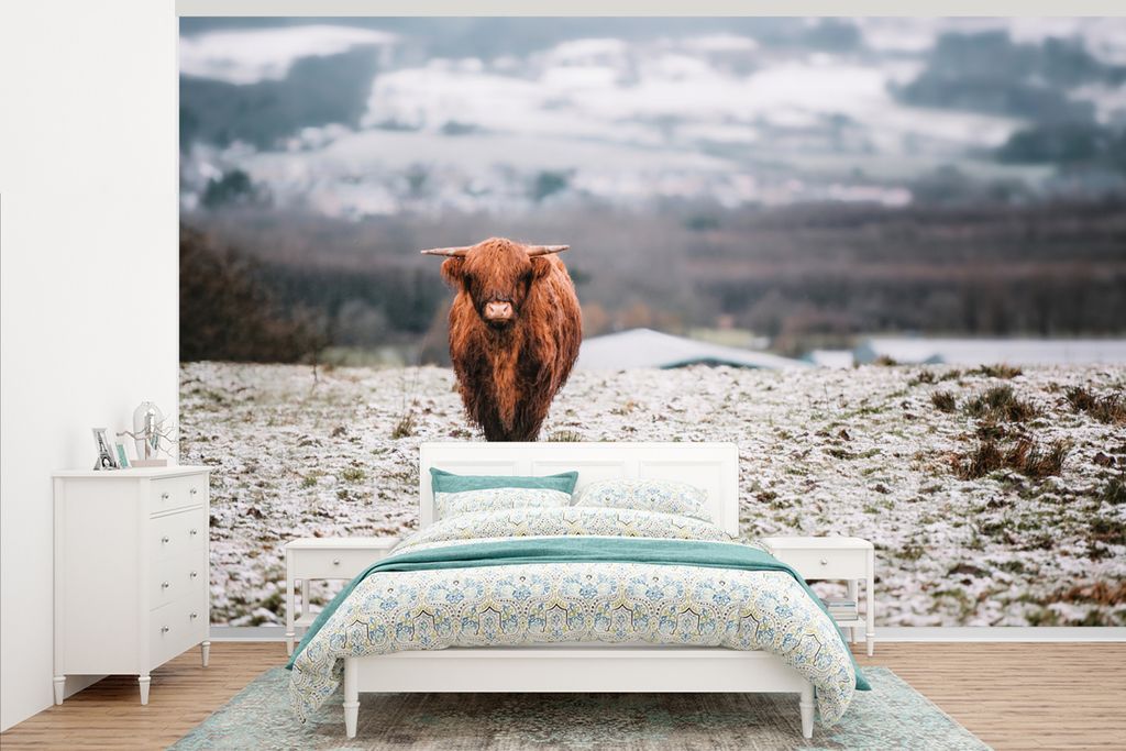 MuchoWow Fototapete für Wohnzimmer oder Schlafzimmer Wandtapete Vinyl Motivtapete Schottischer Highlander - Schnee - Berg - 375x240 cm - Wand Ta...