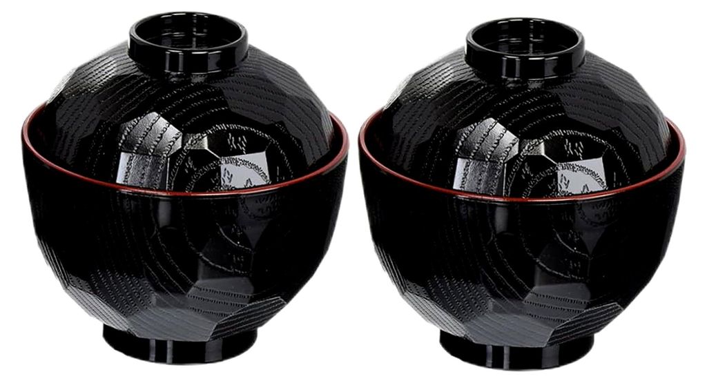 2 Stück Miso-Suppenschalen, traditionelle japanische Schalen, leichte Reisschalen mit Deckel, lebensmittelechter Kunststoff, schwarze und rote Ram...