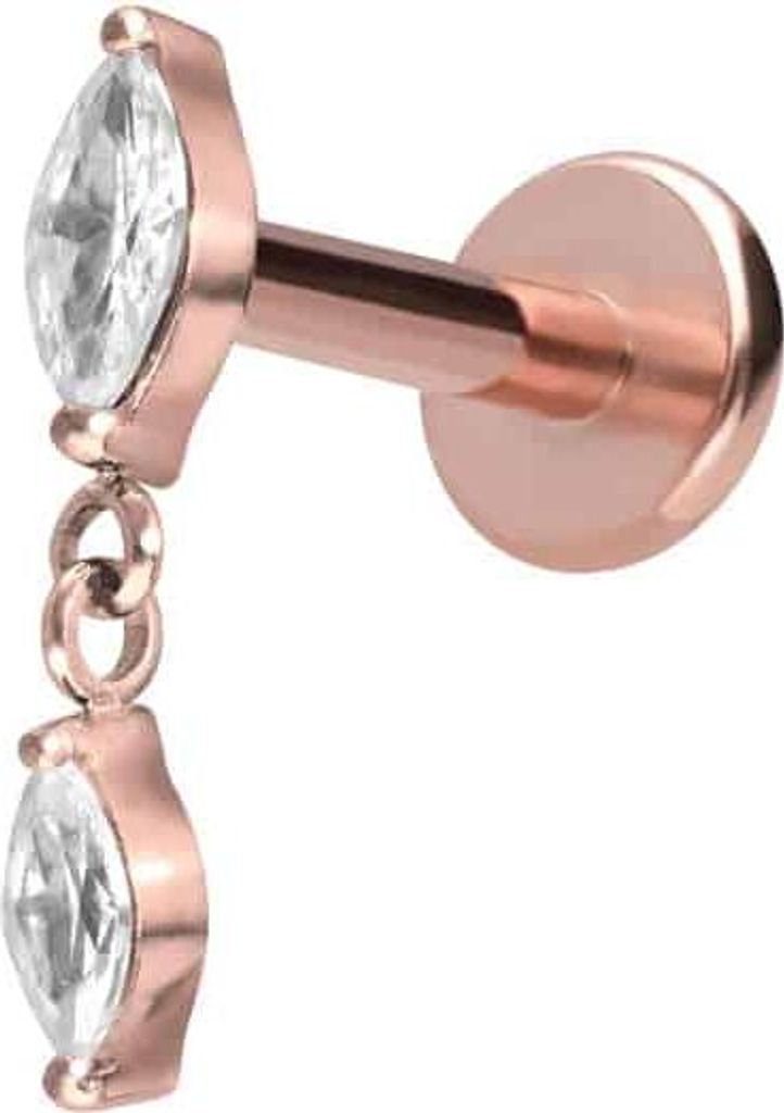 Ohrpiercing, Nasenpiercing Titan Labret mit Innengewinde 2 KRISTALLTROPFEN RoséGold Stablänge: 8mm | Stabstärke: 1,2mm