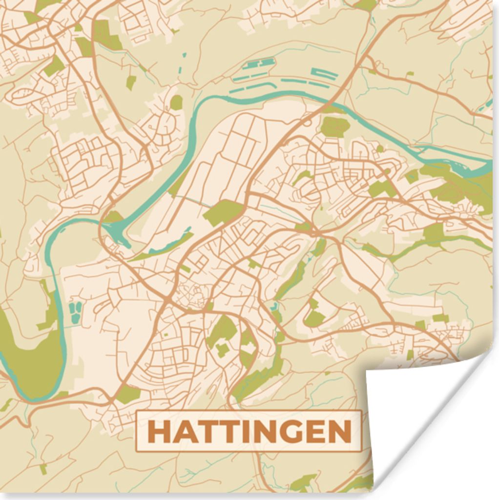 MuchoWow Poster Hattingen - Karte - Stadtplan - Vintage 50x50 cm - Wohnzimmerdekoration