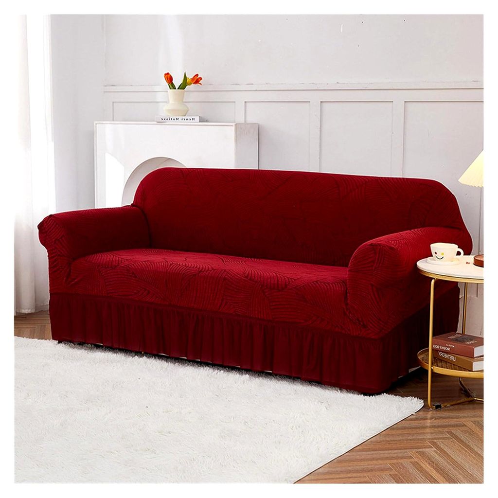 Sofabezug, Abstrakter Wellen-Jacquard für Ecksofas, Couchbezug für 1/2/3/4-Sitzer, Elastischer Sofabezug L-Form rutschfest (Rot, 4-Sitzer)