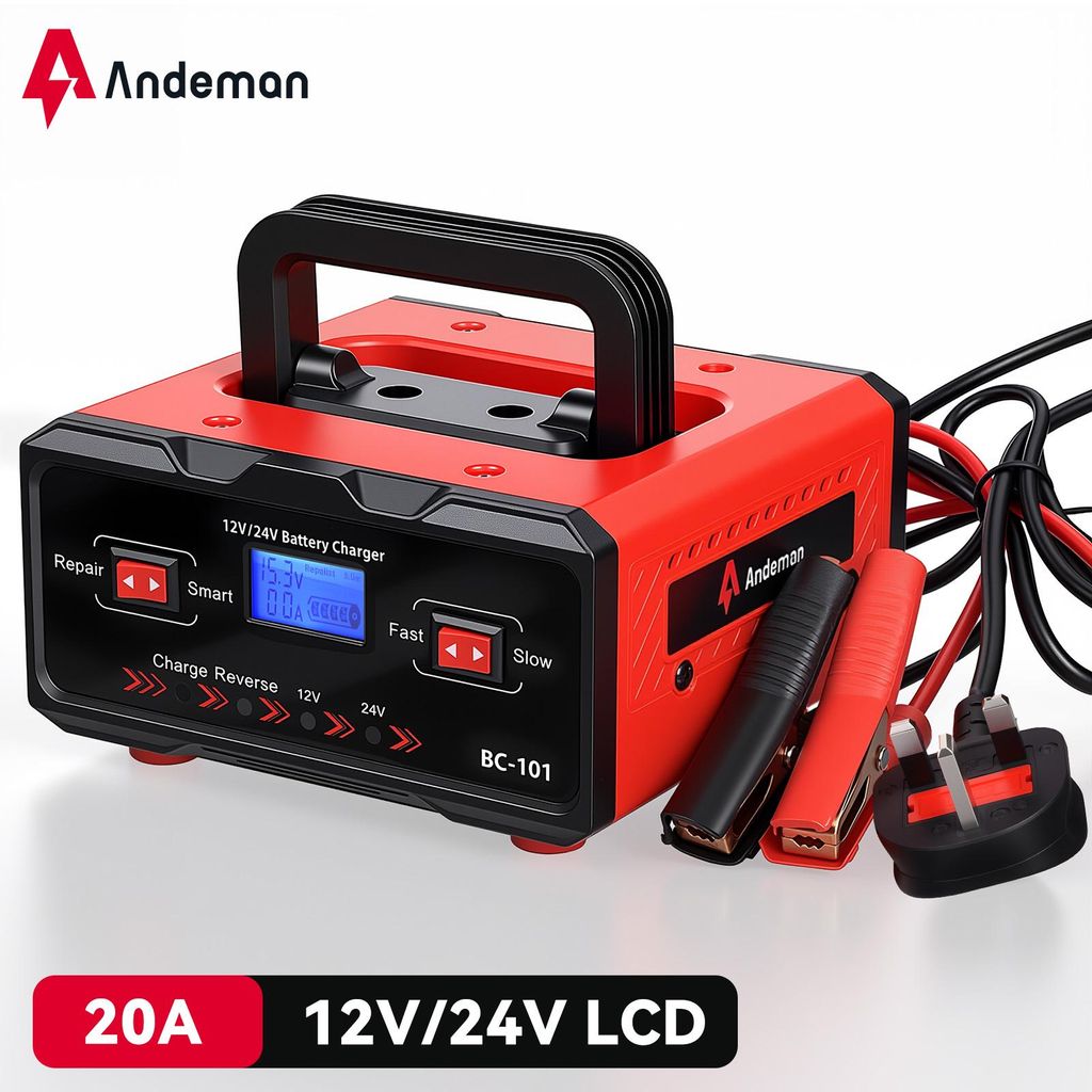 Andeman 20A Auto Batterieladegerät 12V/24V Intelligenter Pulse Repair Starthilfe Ladegerät für PKW LKW Motorrad Batterie Wartung Startergerät