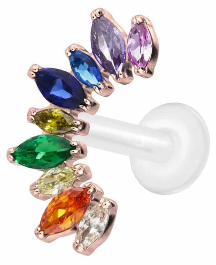 Ohrpiercing, Nasenpiercing PTFE Labret mit Innengewinde + Titan-Aufsatz BUNTER KRISTALLBOGEN RoséGold Stablänge: 10mm | Stabstärke: 1,6mm