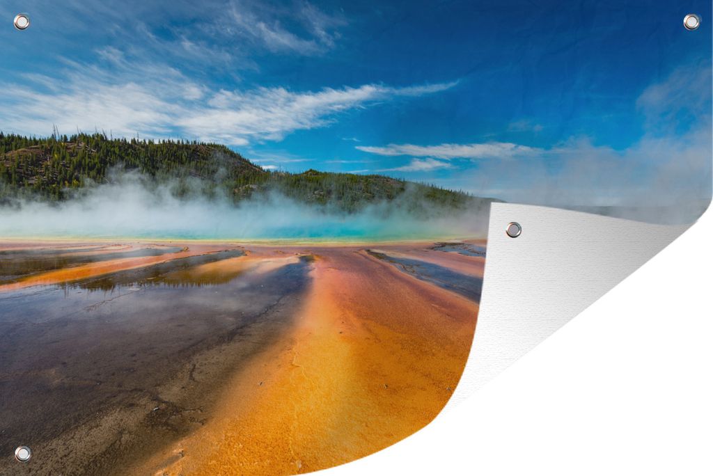 MuchoWow 90x60 cm Outdoor-Poster Gartendeko Sichtschutz Garten Poster für den Garten Eine gelbe Straße, die zu einem Geysir im Yellowstone-Nat...