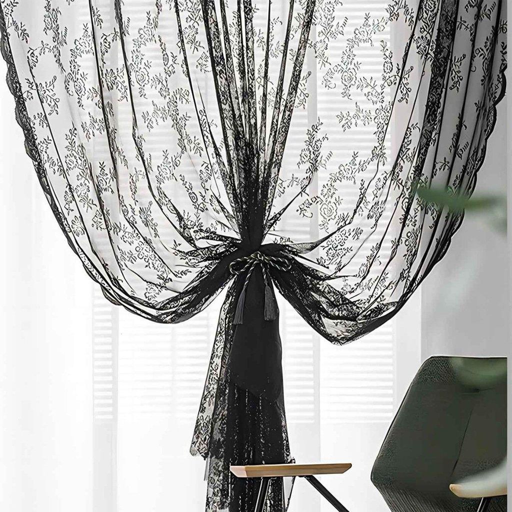 Schwarze Spitzenvorhänge Wohnzimmer Luxus Gotische Gardinen 84 Inch Lange Bohemian Türvorhänge Hexe/Gotische