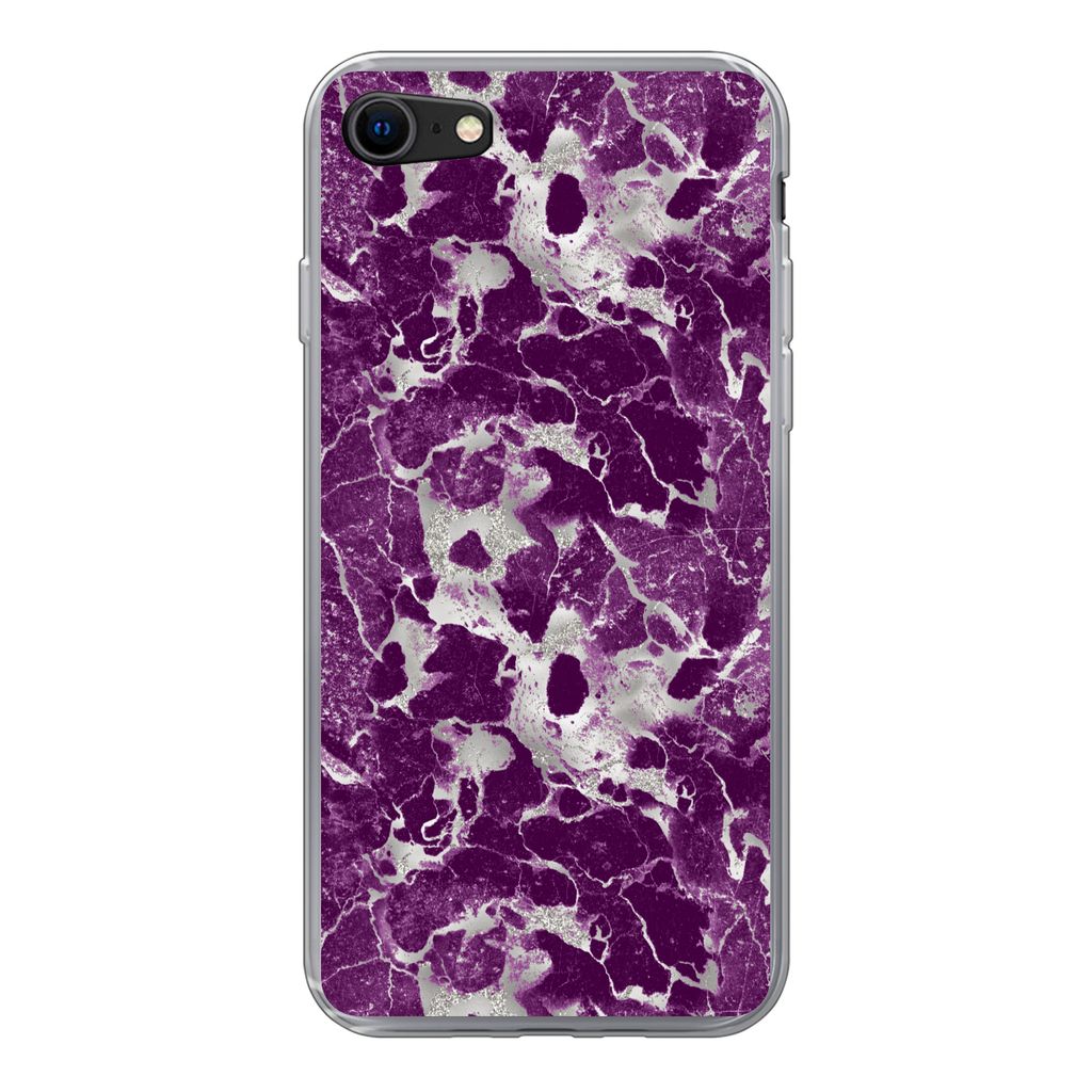 MuchoWow Handyhülle Schutzhülle Hülle für iPhone SE 2020 Marmor - Glitter - Lila - Muster Silikon Softcase Handy Hülle - Kartenbesitzer