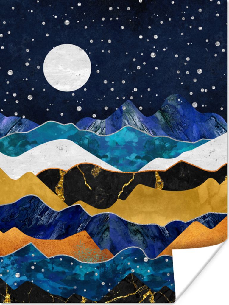 MuchoWow Poster Nacht - Gold - Marmor - Abstrakt - Landschaft - Berg 120x160 cm - Wandbilder