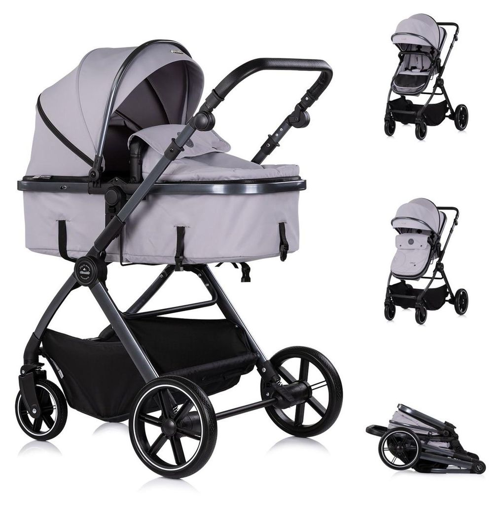 Chipolino Kombikinderwagen Pearl 2 in 1 umbaubar Rucksack Fußsack Korb Federung grau