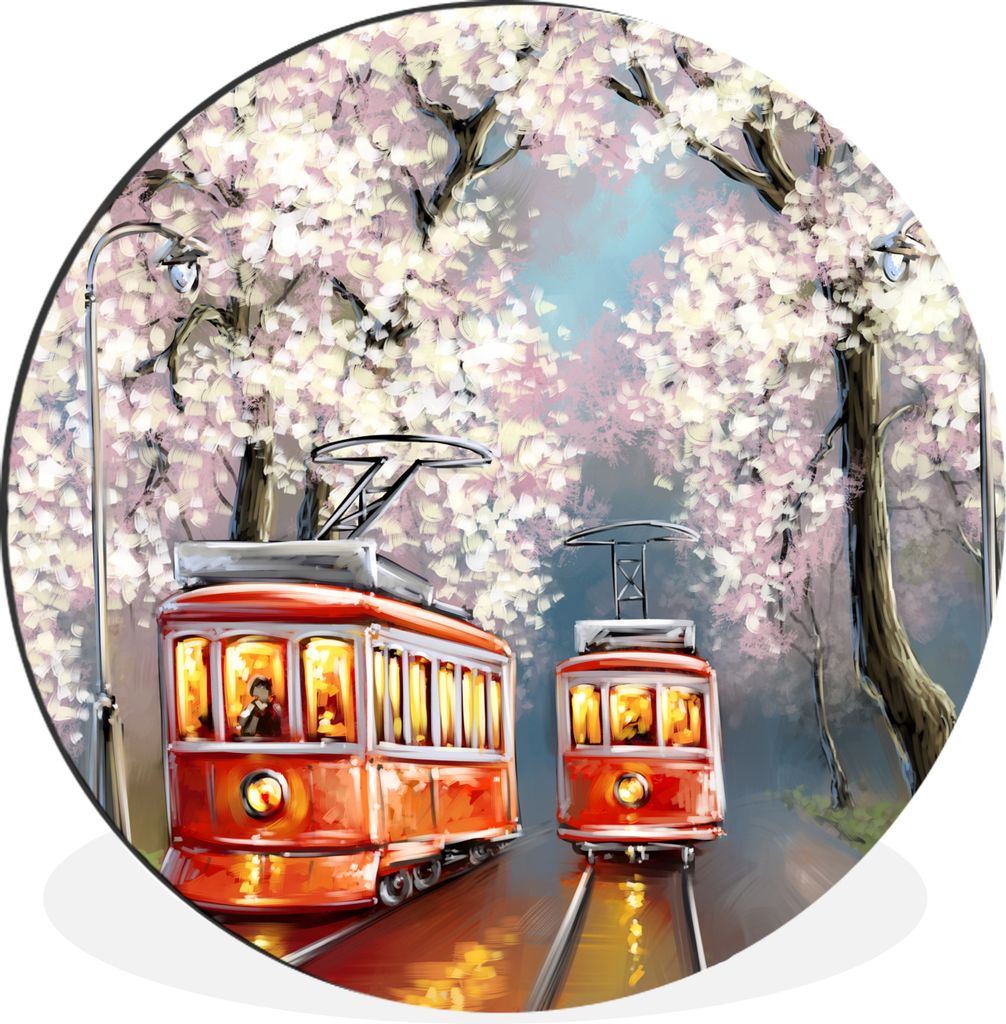MuchoWow Aluminium Wandkreis Gemälde - Ölgemälde - Straßenbahn - Blühender Baum Ø 90 cm Wanddeko Modern Wohnzimmer - Mauerkreis - Wandbilde...