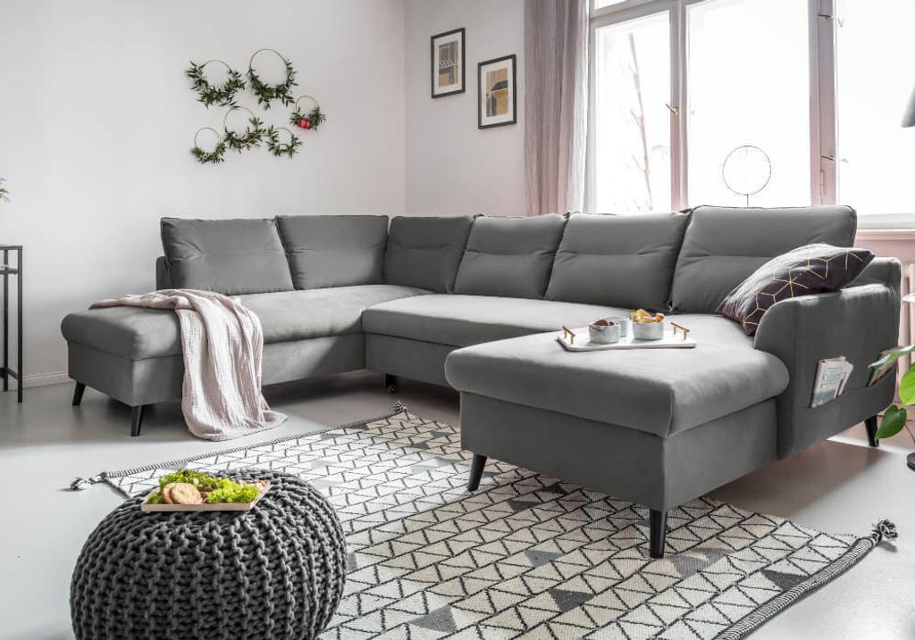 MIUFORM Stylish Stan - Ecksofa mit Bettfunktion und Bettkasten U-FORM LINKS - 300x198cm - Velours Grau - Sofa Schlafsofa Couch