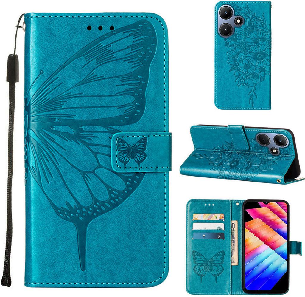 Lederhülle für Infinix Hot 30i X669 Schmetterling Prägung Flip Ledertasche Kartenfächer Handyhülle mit Ständer Blau