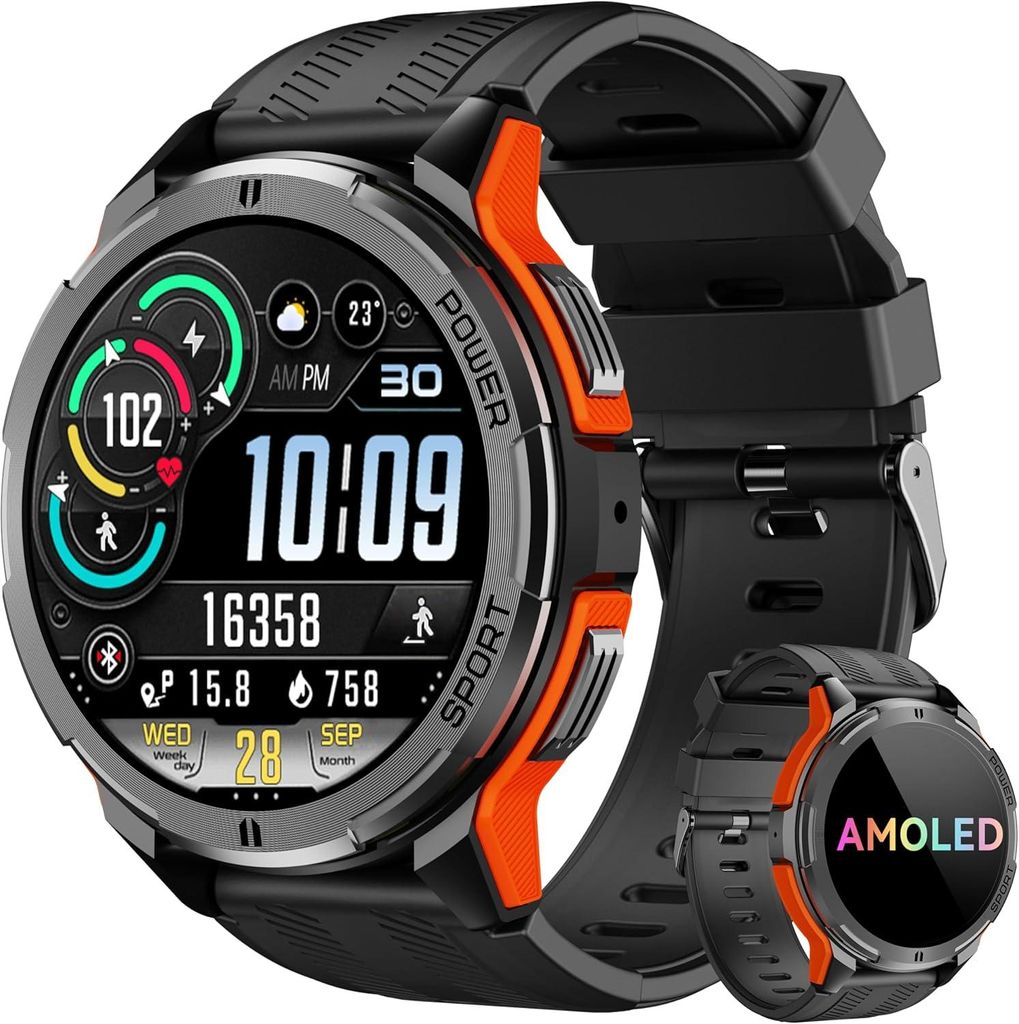 OUKITEL Smartwatch Herren Militärische Fitnessuhr mit 123 Sportmodi 410mAh Akku 1.43 Zoll AMOLED Display Herzfrequenz und Schlafüberwachung