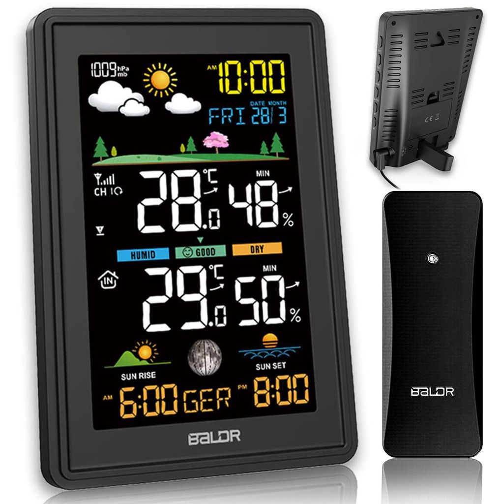 MODFU Funkwetterstationen, Farbdisplay Wetterstation, Kabellose Wetterstation in Schwarz, präzise Temperatur-, Luftfeuchtigkeits- und Wettervorher...