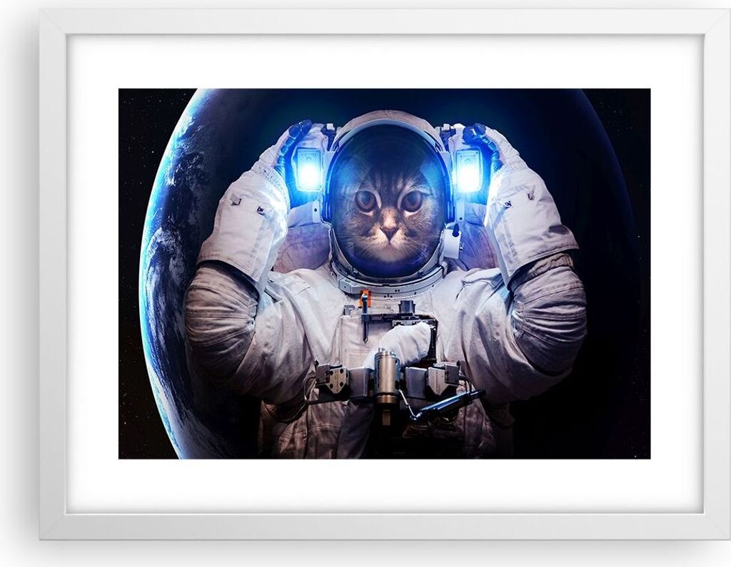 Gerahmtes Poster - Weißer Rahmen - Kosmonaut Katze - 40x30 cm - Wand Bild - Wanddeko - Wandbilder - Kunstposter - Wandposter - Bilderrahmen - Bild...