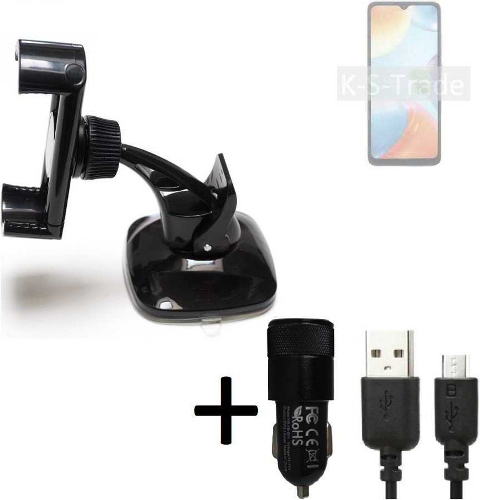 K-S-Trade Halterung kompatibel mit Xiaomi Redmi 10C Windschutzscheibe / Armaturenbrett + LADEGERÄT mit Mico USB Kabel Autohalterung KFZ Halter