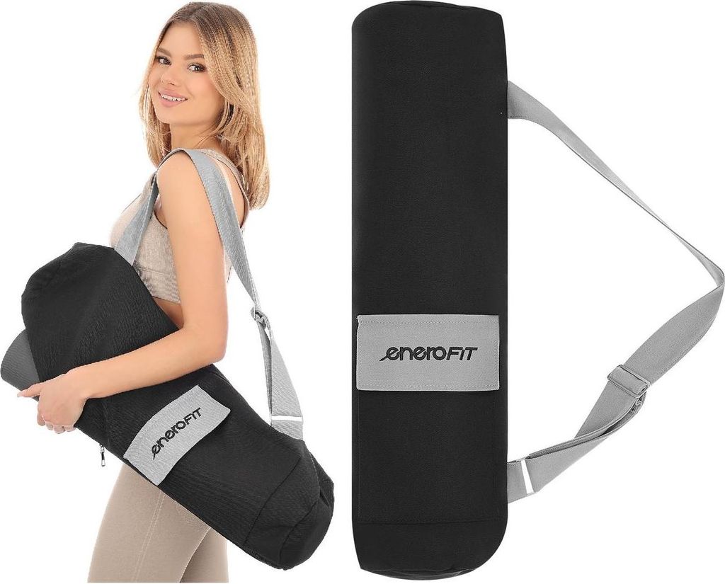 Enero Fit Yogatasche mit Schultergurt – Baumwoll Tragetasche für Yogamatten bis 70 cm, 2 Seitentaschen, Reißverschluss, Schwarz/Grau
