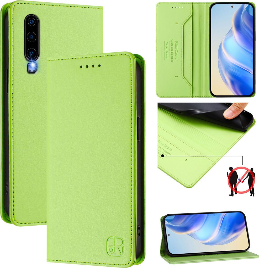 Lederhülle für Huawei P30 Hülle Flip Brieftasche Kartenfächern Ständer Schutzhülle Grün