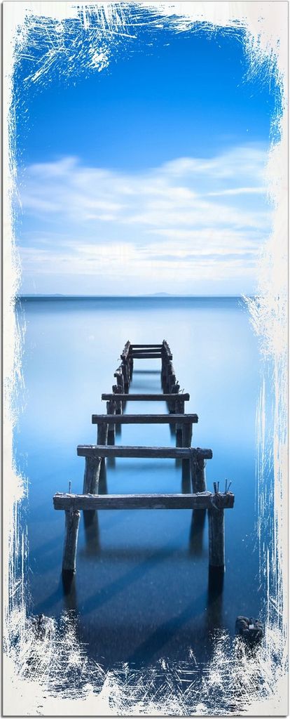 Wallario Kunstdrucke Wandbilder Holz in : Brillante Farben, Größe 50 x 125 cm Motiv Rustikaler Holzsteg im blauen See