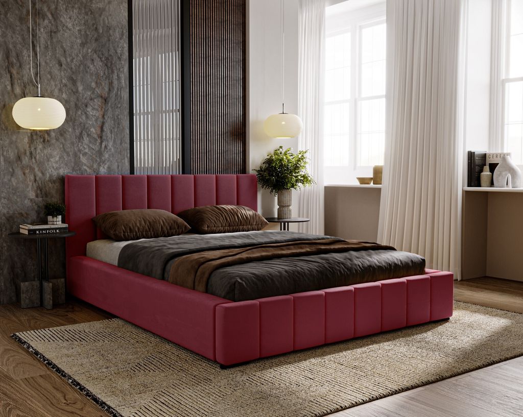 Polsterbett Nero inkl. Schaummatratze SELEKT, 120x200 cm, Doppelbett mit Bettkasten und Lattenrost aus Holz, Velourstoff: Burgund