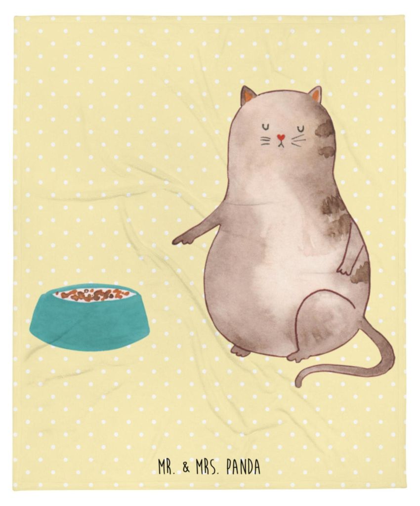 Mr. & Mrs. Panda Tagesdecke Katze Fressen - Gelb Pastell - Geschenk, Bettdecke, Kuscheldecke, Decke, Kunstfelldecke, Sofadecke